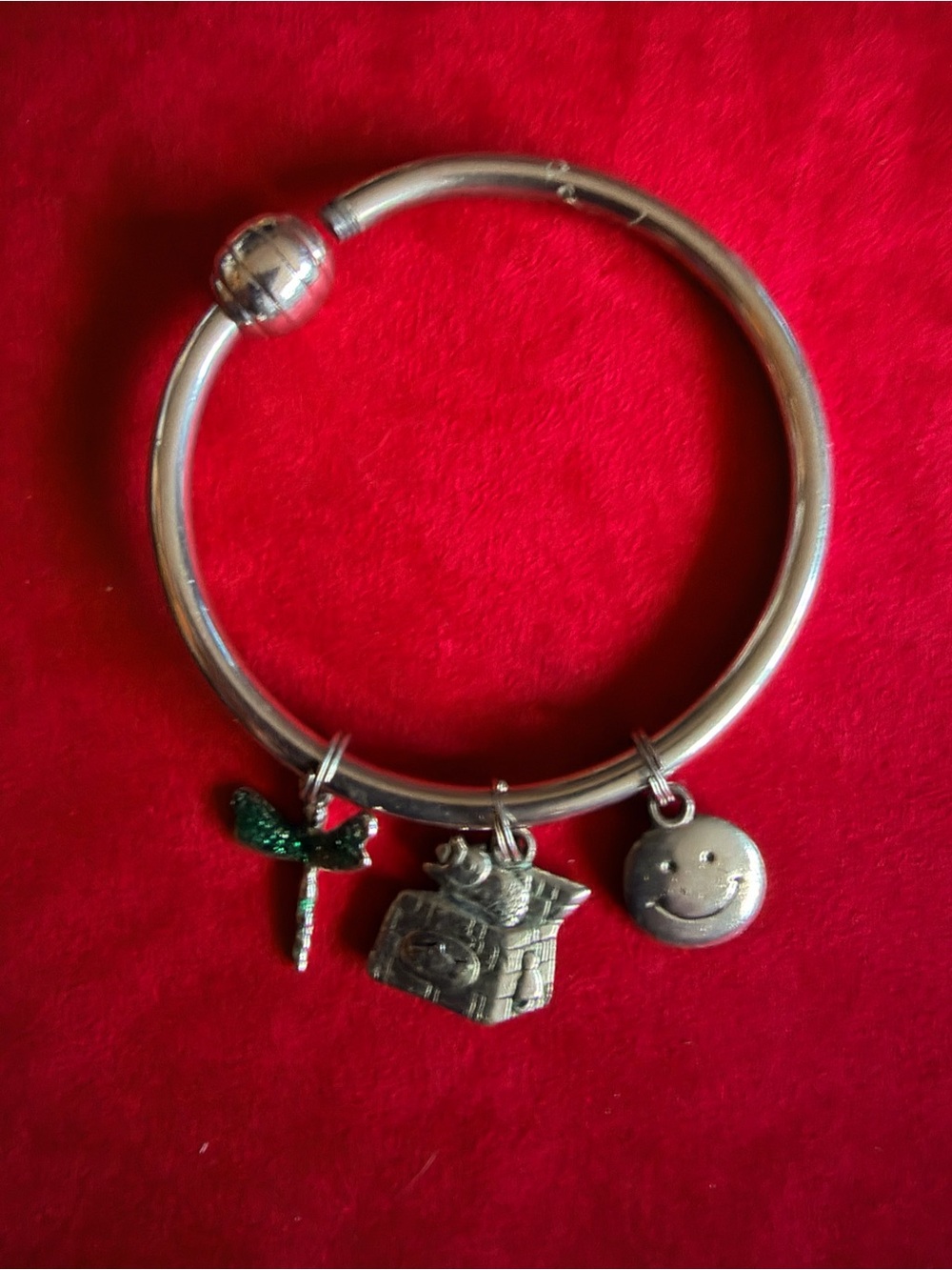 Silver-tone Bangle with Green Dragonfly, House & Smiley Charms
